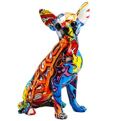 EUROPEAN CREATIVE COLORFUL GRAFFITI DOG STATUE VINTAGE RESIN ANIMAL SCULPTURE DESKTOP ORNAMENT HOME DECORATION ACCESSORIES