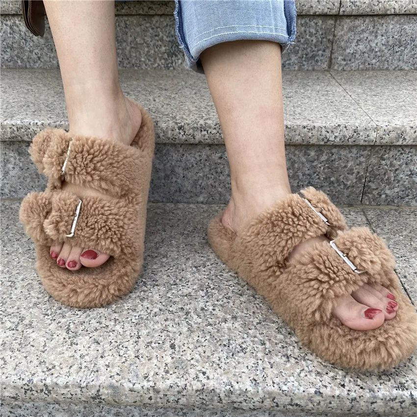 2022 Women Fur  Slippers Summer Plush Slides Women\'s Fluffy Indoor Shoes Household Slippers Flip-flops Wholesale Direct Sales