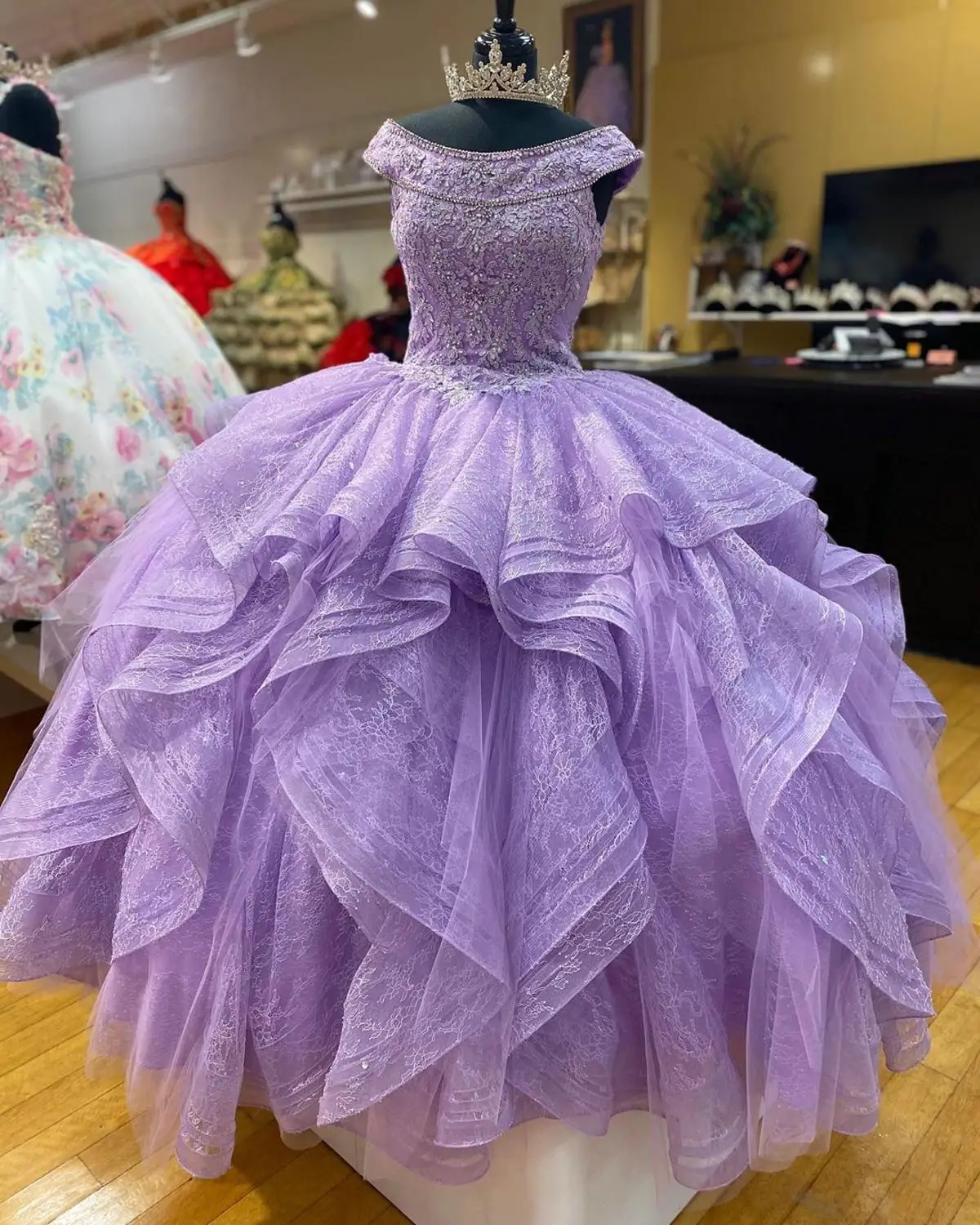 Vestido largo de encaje con volantes para mujer, traje de quinceañera con volantes, hombros descubiertos, 15 años, 2020