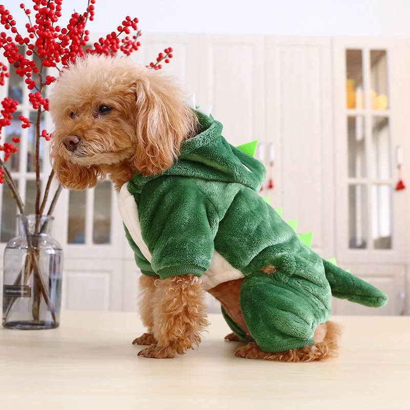 Pet clothing winter dinosaur transfiguration thickened plush coral warm Teddy Bomei four legged clothing