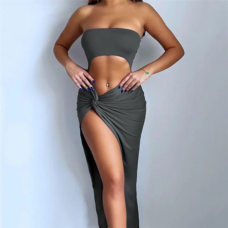 SKMY 2024 Spring New Midi Dress Women Sexy Wrap Chest Open Back Hollow Out Irregular Split Solid Color Slim Off Shoulder Dress