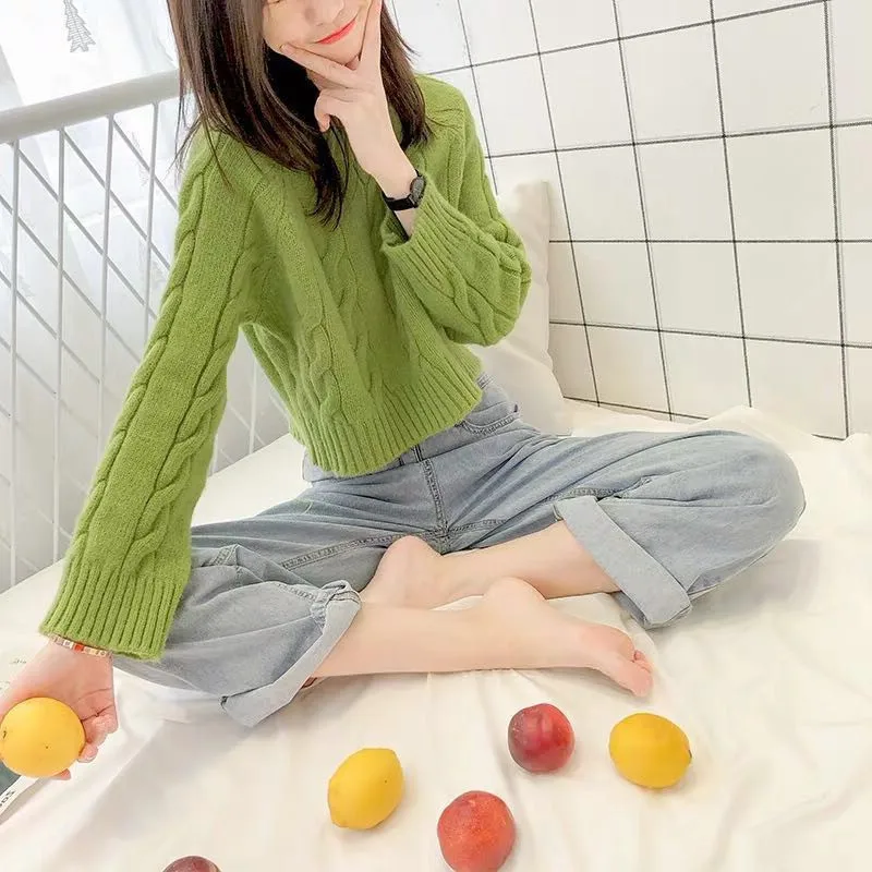 

H9533 Autumn Winter Short Sweater Women Fashion Casual Solid Color Bottoming Jumper Top Girl Student Round Collar Pullover Wear