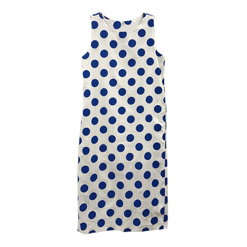 

2021 Summer Blue Polka Dot Sleeveless Straight Dresses Women Casual Loose Sleeveless Midi Dress Elegant Office Lady Dinner Dress