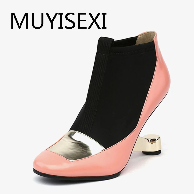 

Metal Strange Heel Ankle Boots for Women Pink Wedge Shoes Woman High Heels Women Pumps Autumn Boots Mujer HL176 MUYISEXI