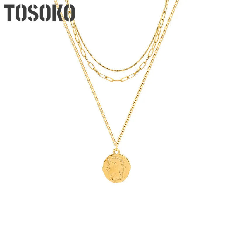 

TOSOKO Stainless Steel Jewelry Portrait Pendant Multi Layered Necklace Female Exaggerated Hip Hop Christmas Clavicle Chain P855