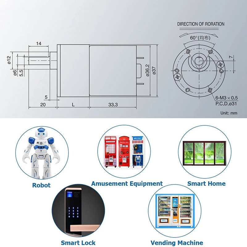 DC 12V 30RPM Gear Motor High Torque Electric Mini Speed Reduction Geared Motor Eccentric Output Shaft 37mm Gearbox