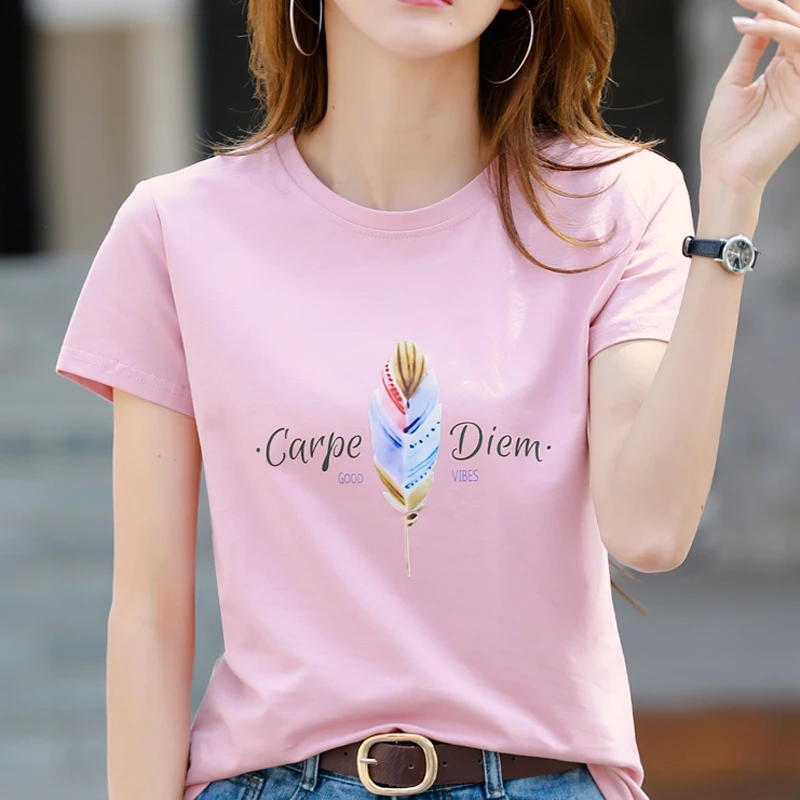 Gradient Feather Letter Printing Summer Cotton T-Shirt Casual 2023 Short Sleeve Creativity Office Lady Tshirt Feminine Pink Tops