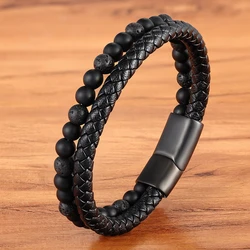 TYO New Arrival Men Bracelet Natural Stone Beads Double Layer Leather Bracelet Stainless Steel Magnetic Clasp Bangle Jewelry