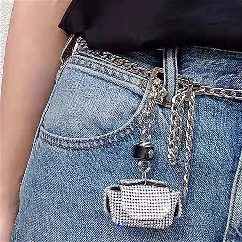 Fashion Mini Waist Bag Full Diamonds Silver Female Waist Chain Metal Chain Waist Chain Accessories Ins Tide Decorative Thin Belt