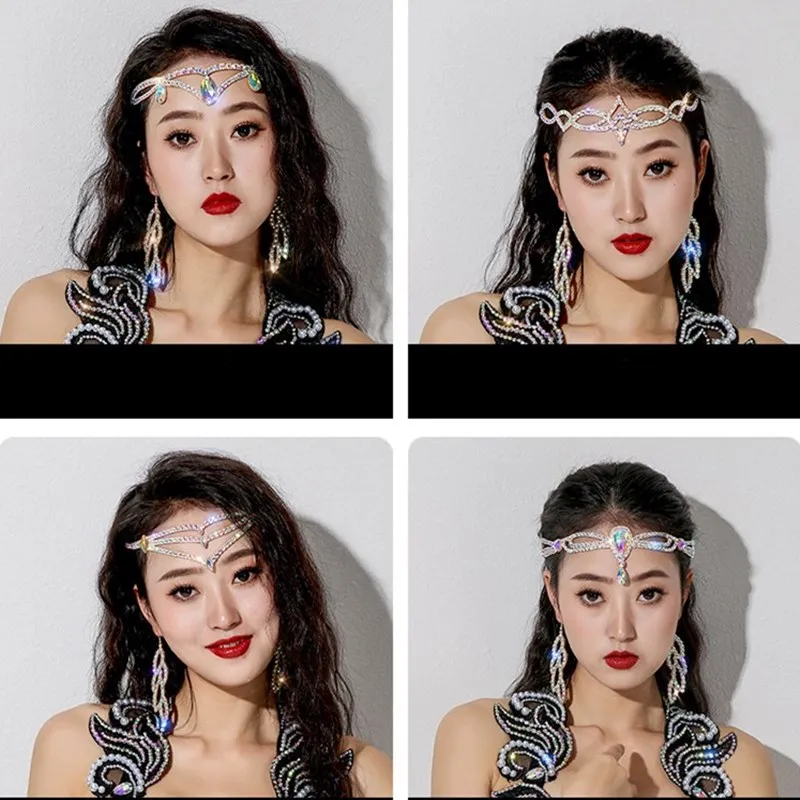 Bellydance Boho Head Chain Drop Headpieces Rhinestone อุปกรณ์เสริมผมสำหรับ Dancer ประสิทธิภาพแสดงต่างหูหัวใจ Shine เครื่องประดับ