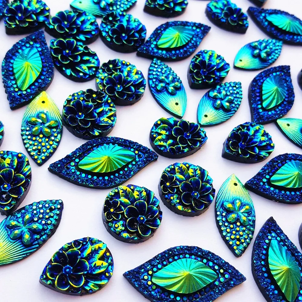 100Pcs 4 Shape,15x30mm,13x18mm,11x23mm,16mm,Mix Sew-on Blue Stones and Crystals Rhinestones Blue AB Diy For Sewing Accessories