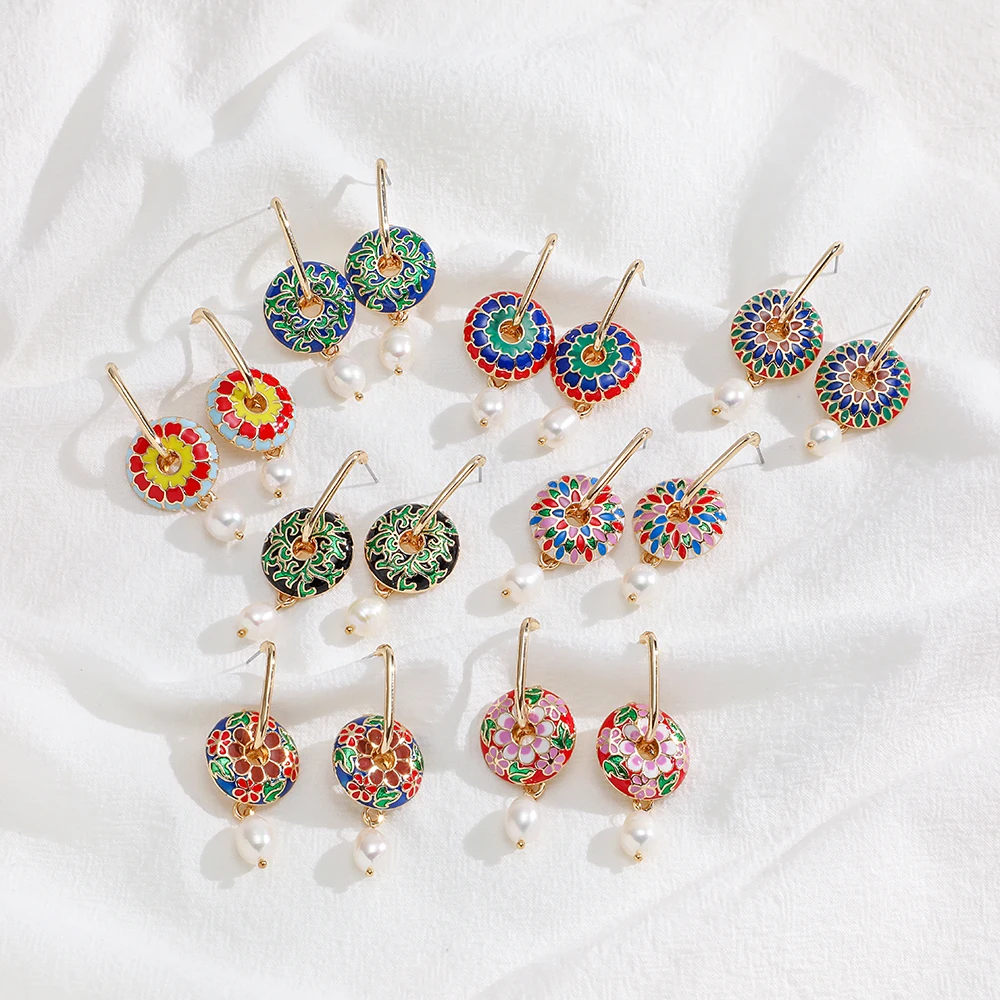 Bohemia Vintage Colorful Round Enamel Flowers Coin Pearls Charms Pendant Drop Earrings for Women Long Open U-shaped Post Earring