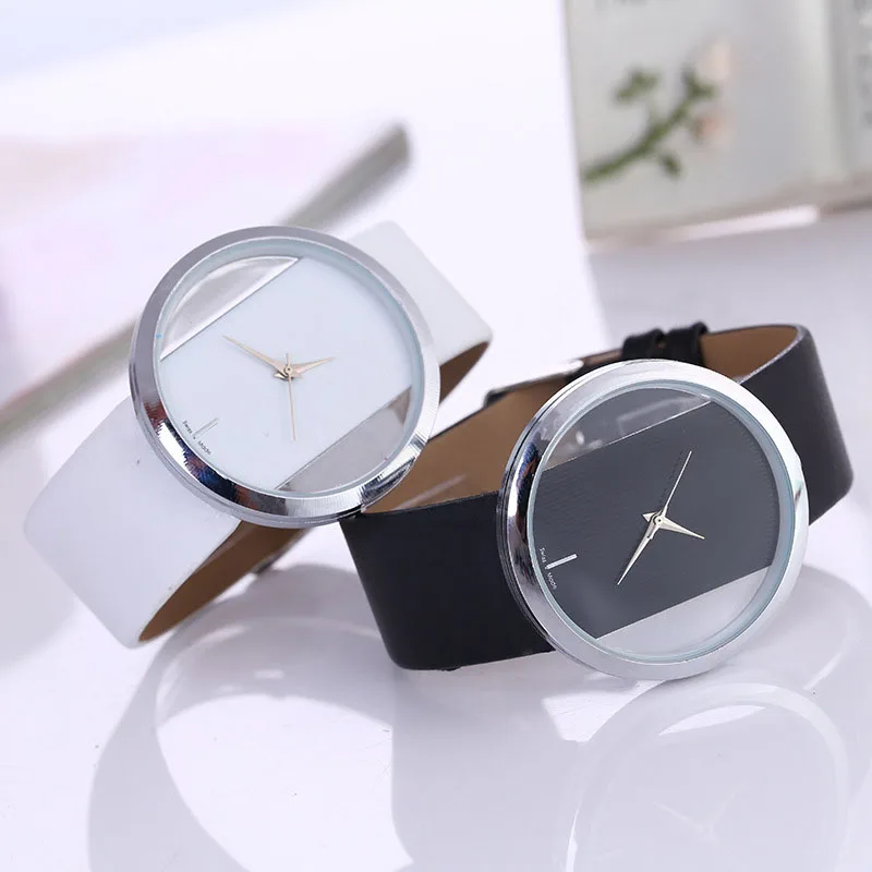 Women Leather Quartz Watch Transparent Hollow Watches Antique Stylish Men Quartz Wrist Watches