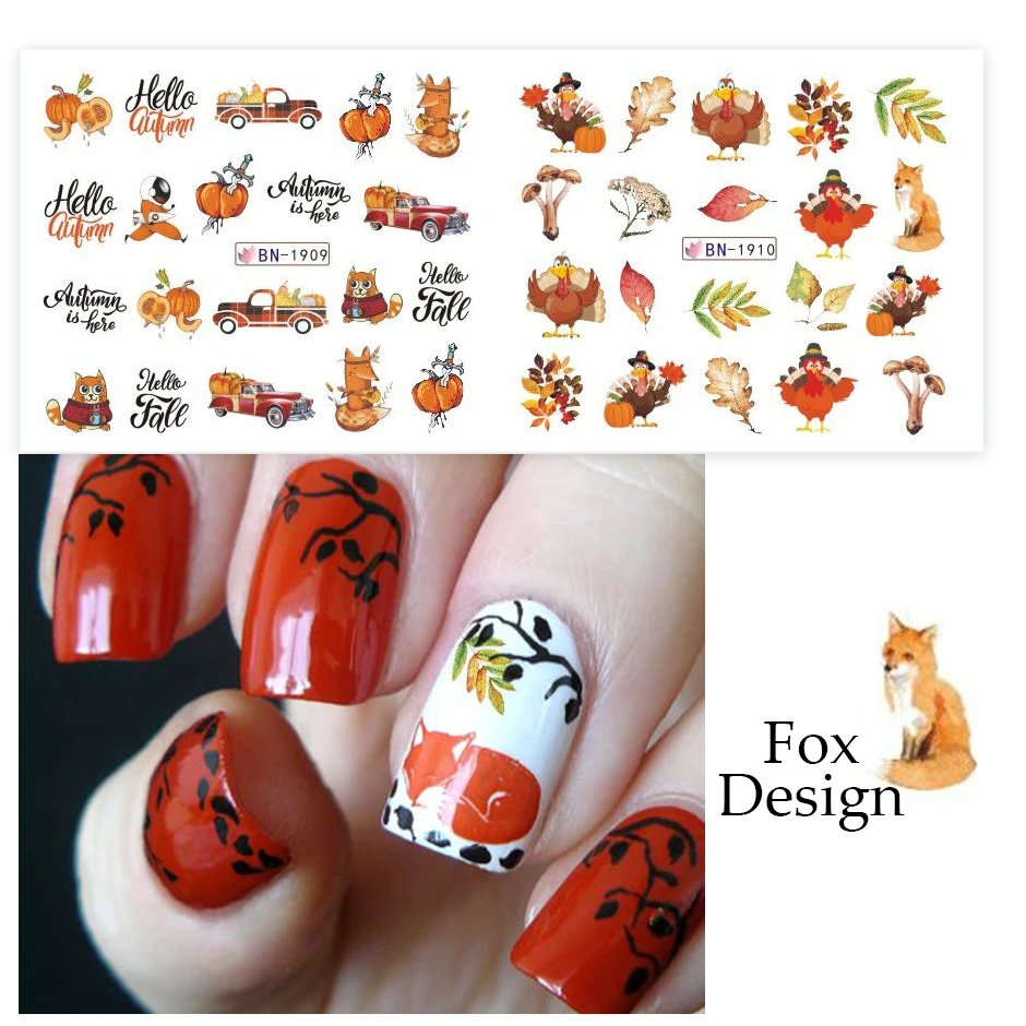 12pcs Golden Maple Leaf Nail Water Decals Geometry Fox Pumpkin Transfer Slider Autumn Design Fall Sticker Manicure NTBN1909-1920