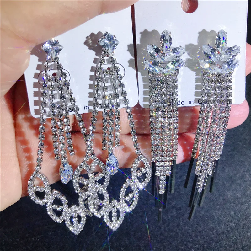 Wholesale 12 Pairs/Lots Bulk Crystal Zircon Long Tassel Earrings Big Drop Dangle Wedding Bridal Big Earrings for Women Jewelry