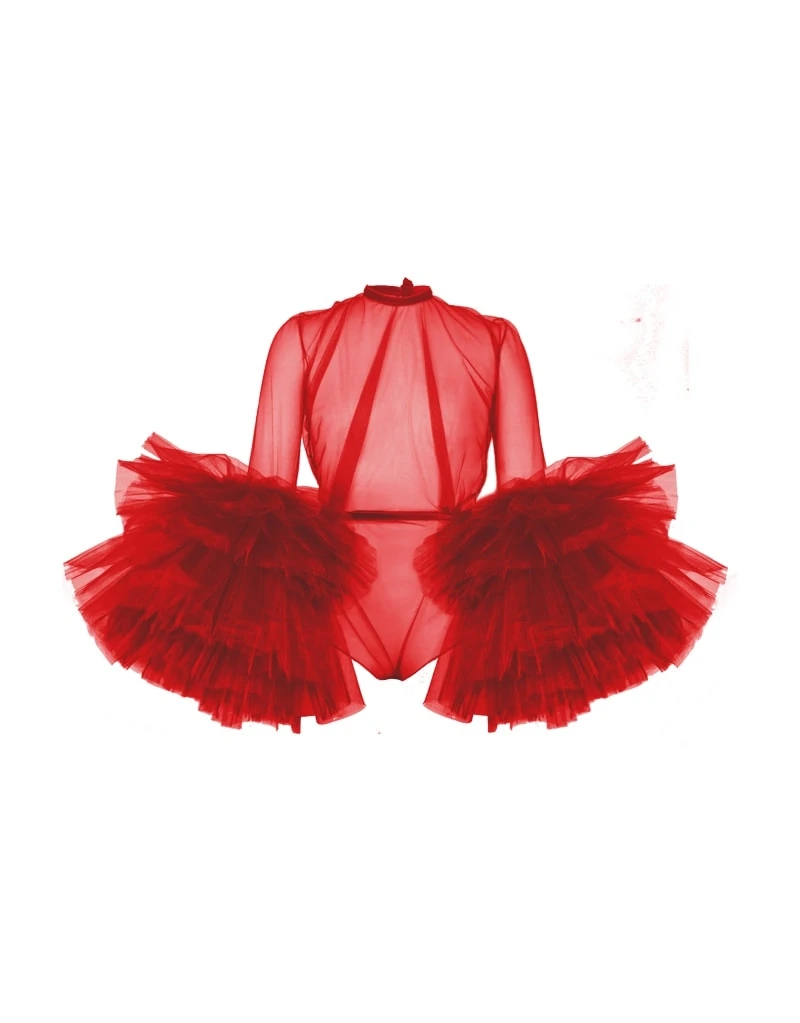 

Sexy See Through Red Jumpsuit With Puffy Full Sleeves Ruffles Tiered Tulle Rompers For Women