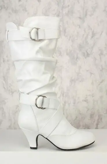 High Heels Boots Women Pu Knee High Boots Female Round Toe Buckle Shoes High Heels Shoes Autumn Winter 2019 New Black