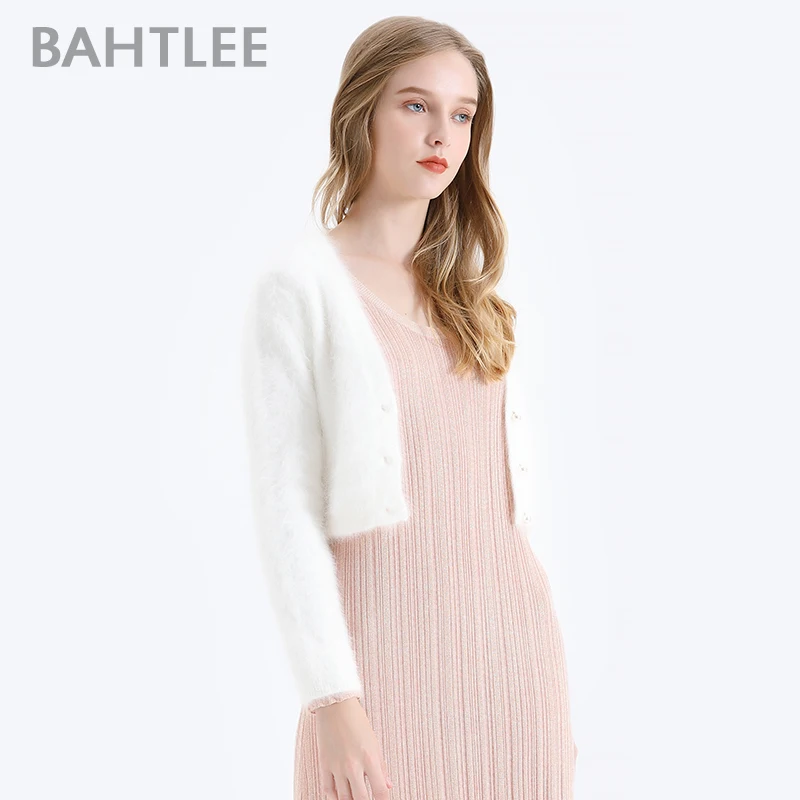 BAHTLEE-Women\'s Angora Short Cardigans Sweater, Wool Knitted Jumper, Long Sleeves, O-Neck Suit Style, Pearl Buckle, Autumn