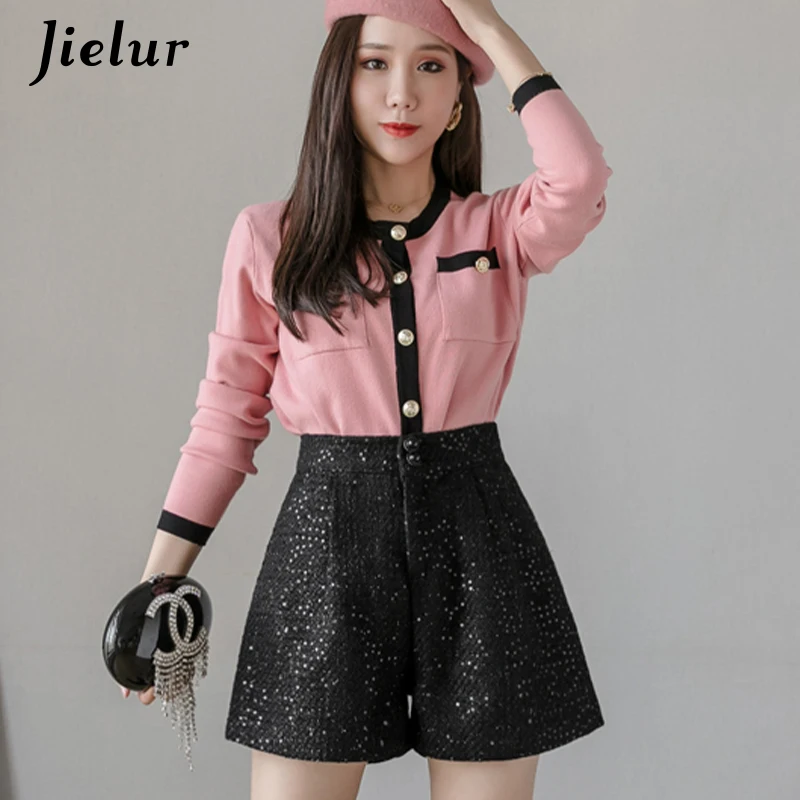 Jielur Women Shorts Autumn Winter  Slim High Waist Shorts Black Womens Sequin Chic Korean Pockets Short Trousers S-XXL