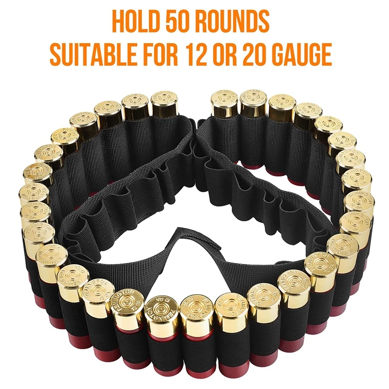 50 Rounds Shotgun Shell Belt Bandolier Holder 12/20 Gauge Rifle Ammo Shotshell Shoulder Belt for Tactical Military or Outdoor CS