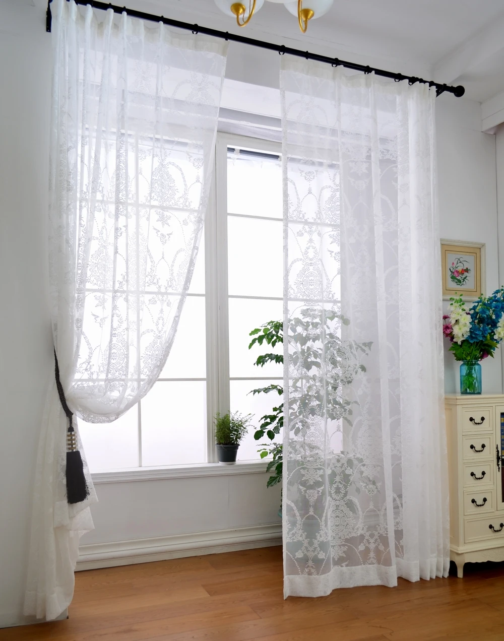 European Solid Black Sheer Curtains for Bedroom Living Room Premium Black Lace Curtain Drapes Home Decoration Background Fabrics
