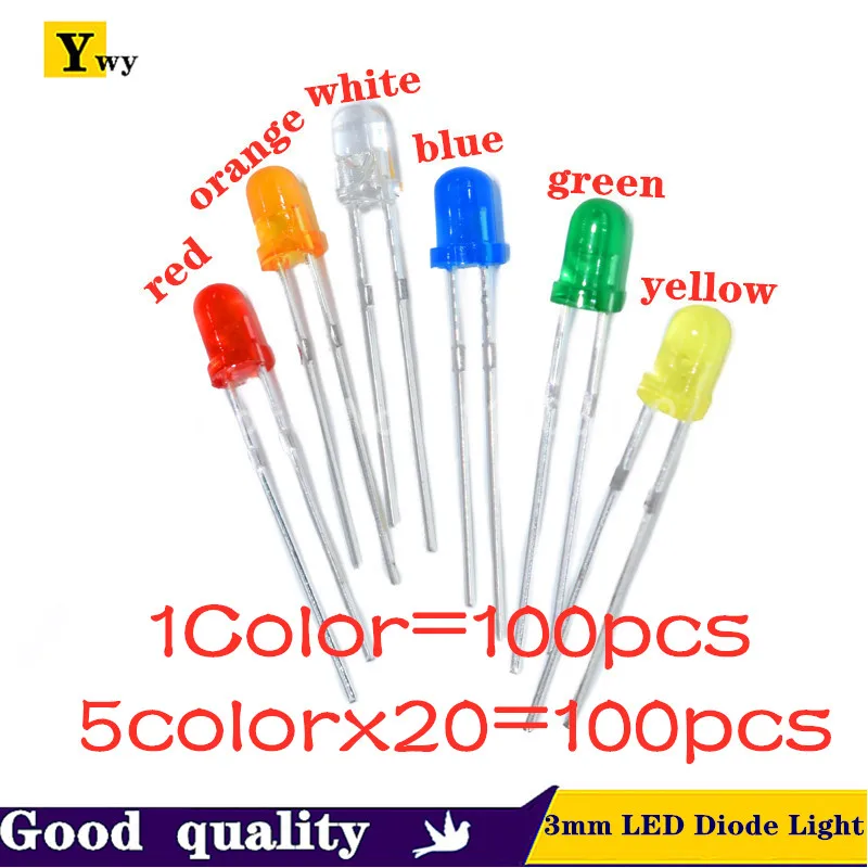 5 Colors*20PCS=100PCS / 1Color=100pcs F3 3mm LED Diode Light Assorted Kit Green Blue White Yellow Red COMPONENT DIY kit
