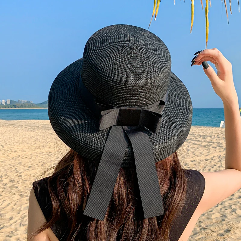 Retro Round Top Straw Hat Ladies Sun Hats Travel Holiday Visor Hats Vintage Women Beach Hat Black And White Wholesale ceremony