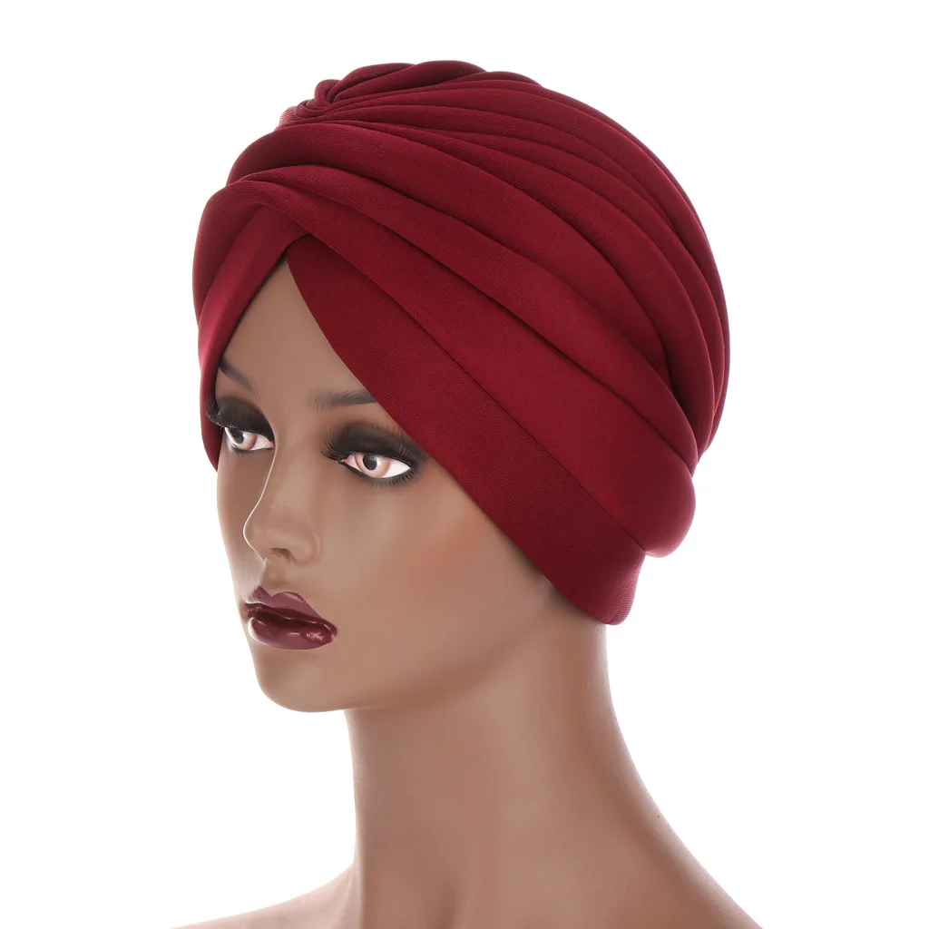 Scuba Fabric Twisted Turban Cap for Women Soild Color Muslim Hat Female Headwrap Bonnet Under Scarf Caps