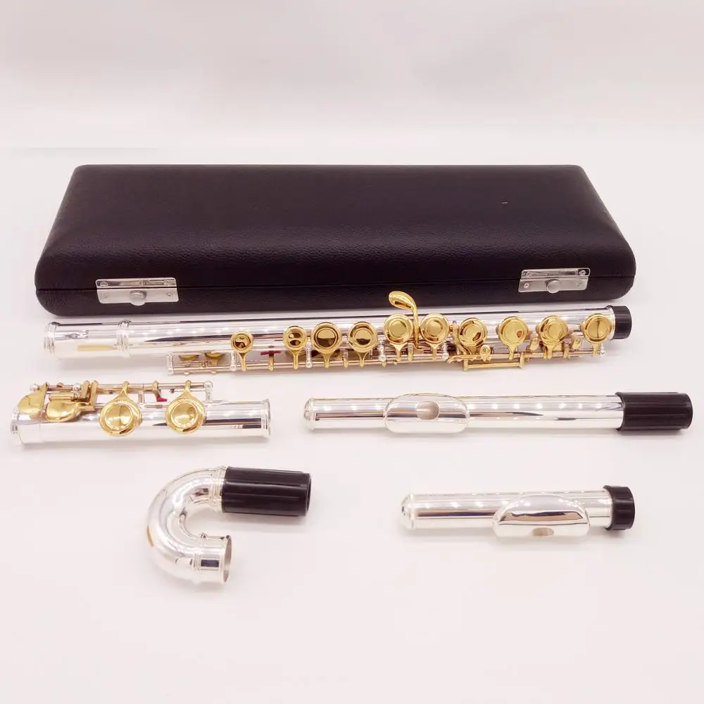 MFC Professional Flute Silver Plated Flute Gold Key Instrument Intermediate Student Curved Headjoint Flutes 16 Hole Close