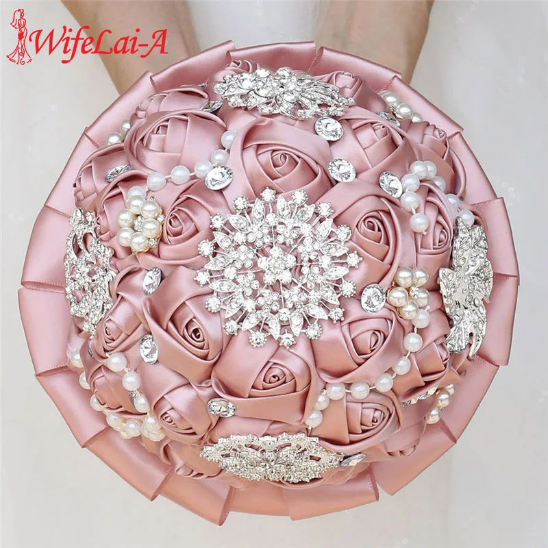 WifeLai-A Champagne Ribbon Rose Holding Flower Romantic Artificial Flower Bridesmaid Bouquet Wedding Bouquet With Crystal W3217D