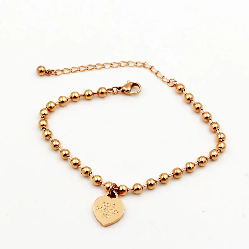 Beaded Chain Engrave Forever Love Heart Charm Anklet For Women Girls Stainless Steel Rose Gold Silver Color Fashion Anklet