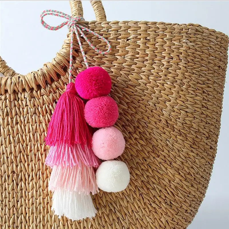 1 Pc Handmade Pom Pom Colorful 4 Layered Tassel Keychain Bag charms Gradient Colors Key Holder Boho Jewelry Gift for women