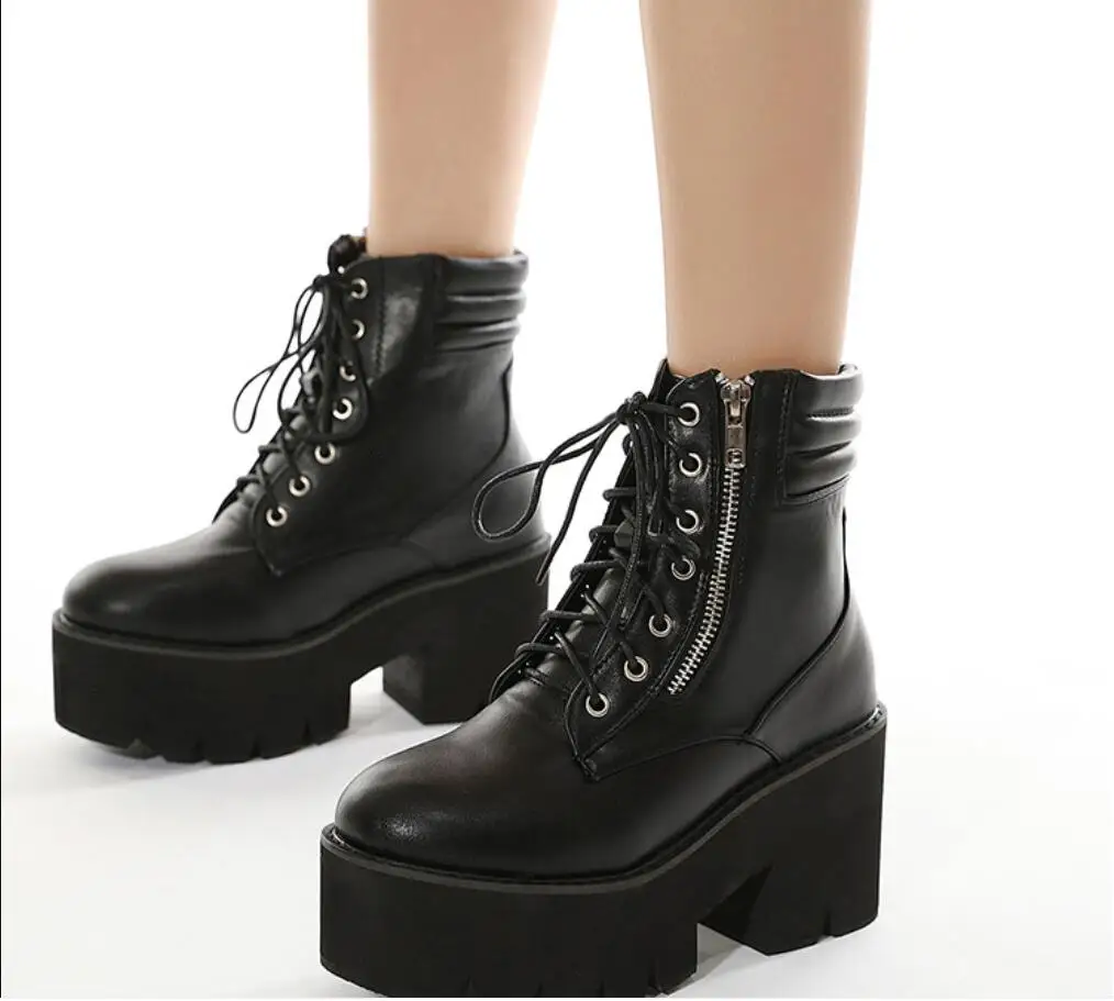 

Sexy Genuine Leather Black Boots for Women Ladies Ankle Platform Lining Female Booties Shoes Woman Casual Female high heels Larg