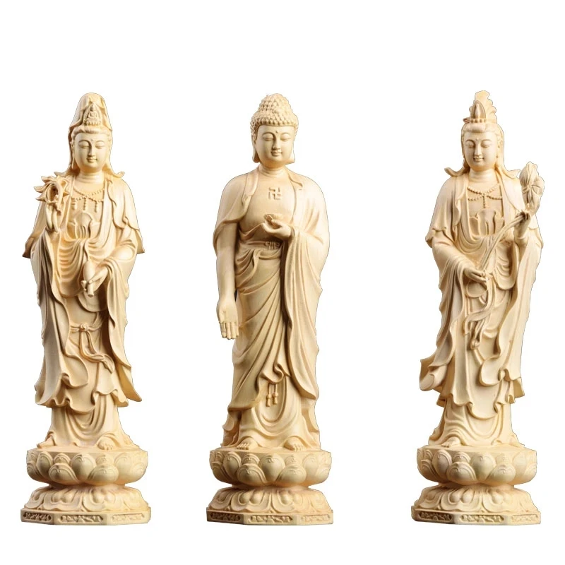 

Boxwood 20/30cm West Three Buddha Sculpture Wood Sakyamuni Guanyin Statue Worship Home Decor