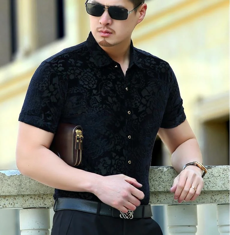 

Dragon Men Dress Shirts Short Sleeved Business Casual Party Club Fashion Luxury Silk Shirt Slim Fit Thin Black Blue