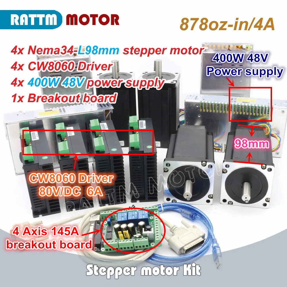 

4-осевой шаговый двигатель NEMA34 878oz-in с одинарным валом + Драйвер CW8060 6A 80V/DC для фрезерного станка большого размера