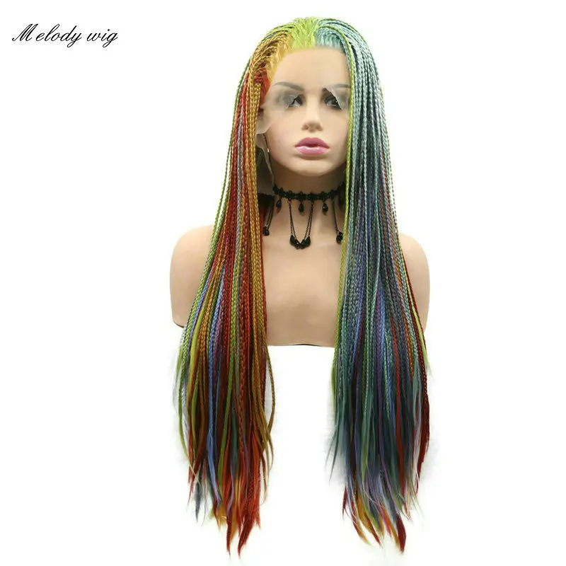 

Melody Wig Colorful Rainbow Color Yellow Orange Red Blue Green Blue Purple Long Box Braided for Women Natural Looking Drag Queen