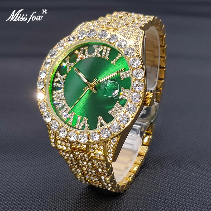 18k Gold Watch for Men MISSFOX  Green Dial Luxury Big Diamond Bezel Luminous Hand Quartz Wristwatches Dropshipping New 2021