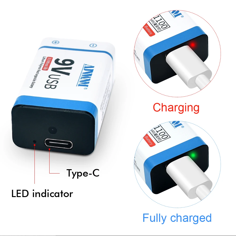 Batteria ricaricabile USB AJNWNM 9V 1100mAh 6F22 tipo-c 9V batterie al litio per microfono multimetro giocattolo telecomando KTV