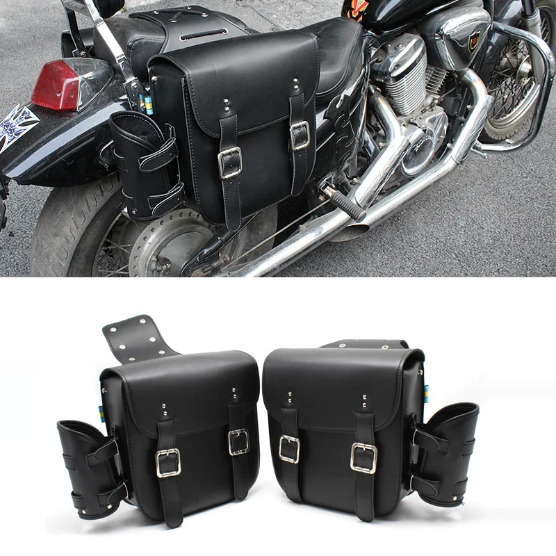 

2xMotorcycle Side Saddlebag Leather Multifunction Luggage Bag Saddle Box Water Bottle Storage Bags for Yamaha BMW Harley FXD FLS