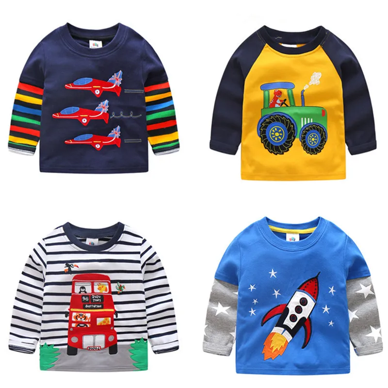 Boys T-shirt Kids Tees Baby Child Boy Cartoon Tops Spring Children Tee Long Sleeve Cotton Cars Trucks Bus Striped Autumn Shirt