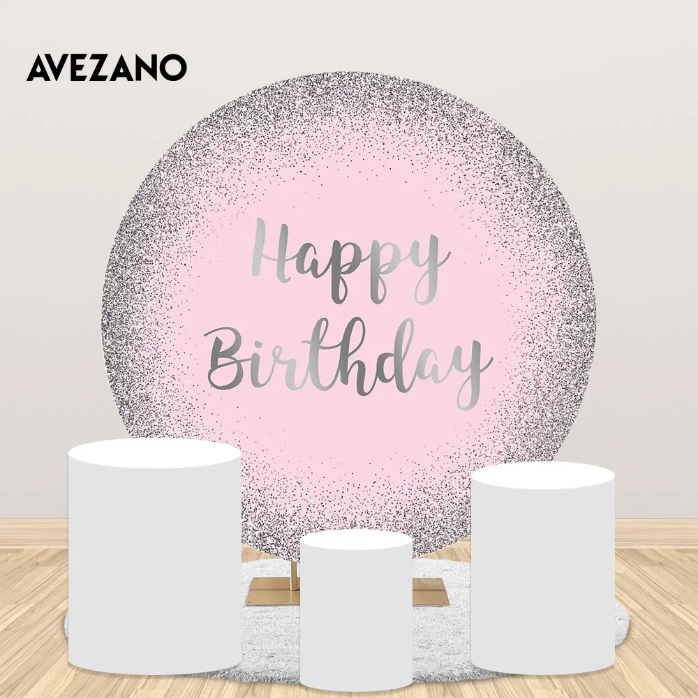 

Pink Sliver Glitter Birthday Backdrop Happy Birthday Round Background for Birthday Party Decoration Circle Cover Pink Background