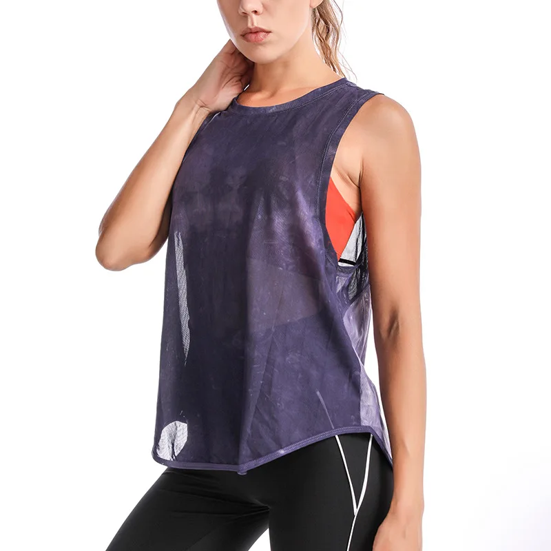 Esporte feminino colete solto malha fina camisa de yoga correndo fitness sem mangas camiseta tanque bifurcado secagem rápida topos ginásio treino t