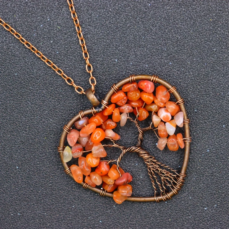 Heart 7 Chakra Reiki Healing Tree of Life Pendant Necklace Vintage Antique Copper Wire Wrap Natural Stone Chip Bead Jewelry Gift