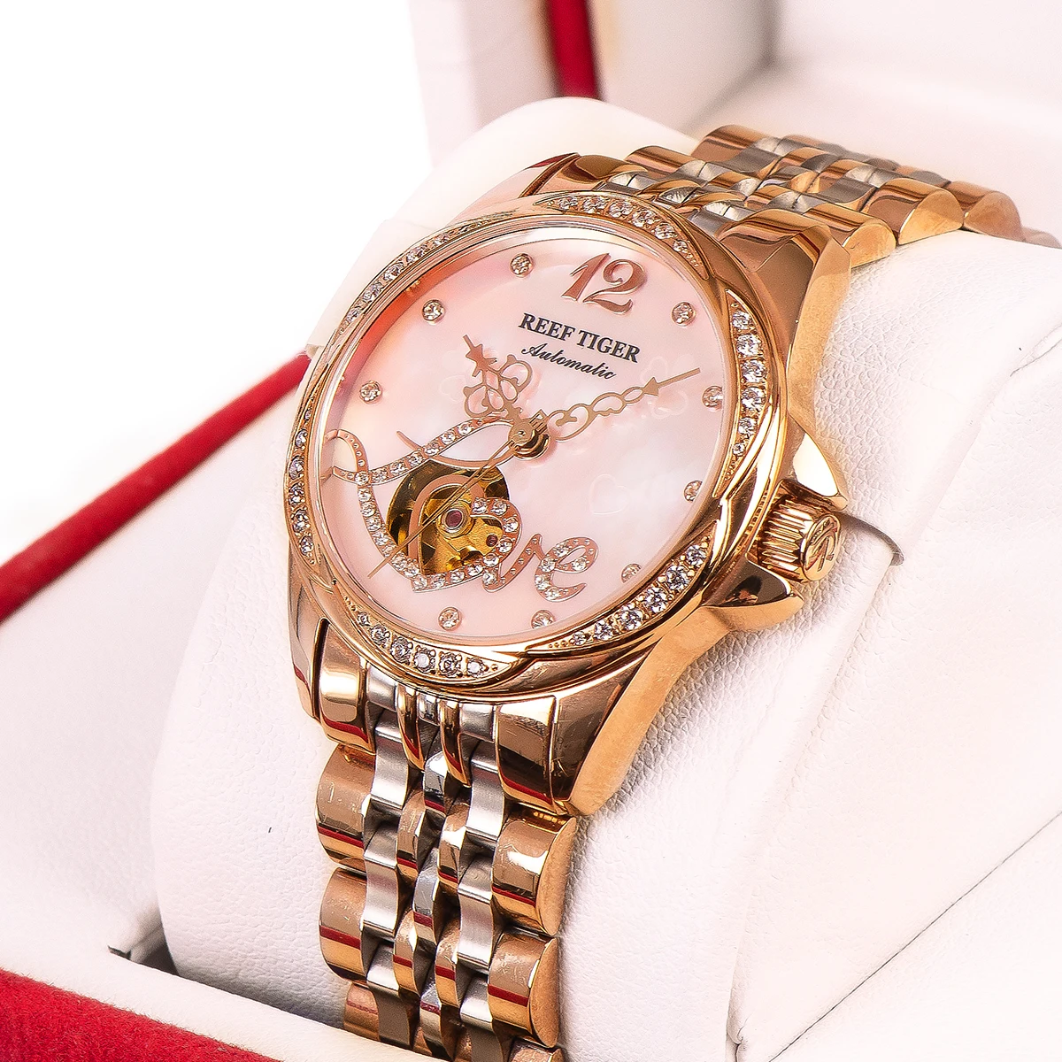 Reef Tiger/RT Luxury Automatic Flower Diamond Women Watch bracciale in acciaio impermeabile in oro rosa orologio meccanico regalo RGA1583