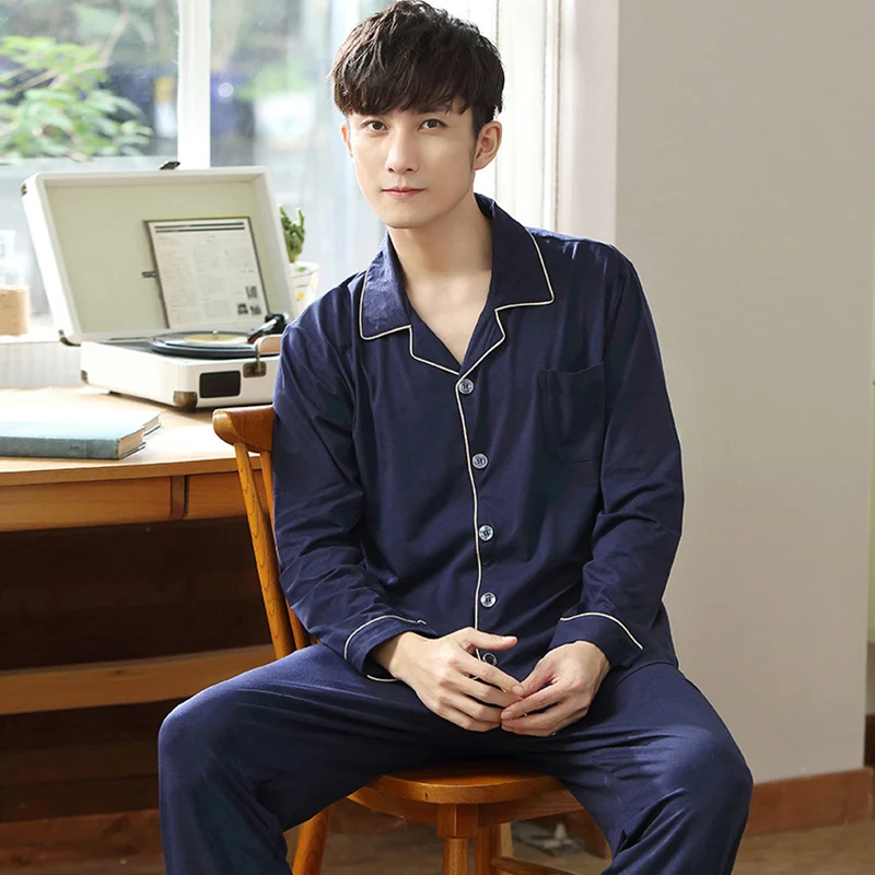 Autumn Modal Pajama Set For Men Long Sleeve Sleepwear Male Nightwear Home Clothes Solid Blue Pj Set Soft Winter Pijamas Homme