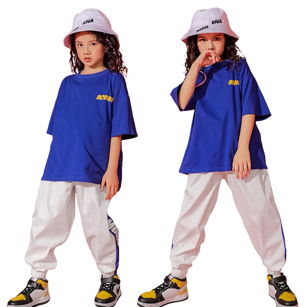 

Lolanta 4-16 Years Girls Clothes Blue T-shirt Top / White Pants Children Hip-hop Dance Costume Casual Wear