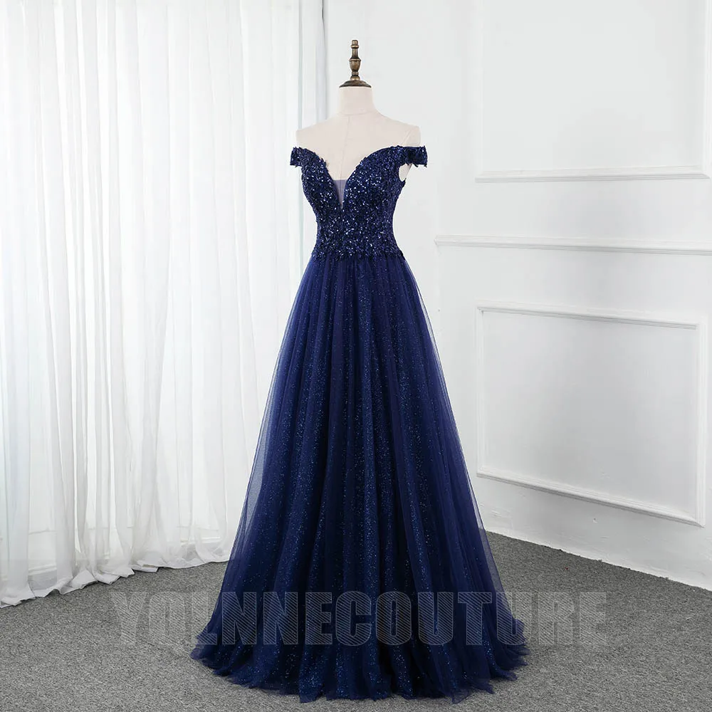 YQLNNE Navy Blue Long Prom Dresses Off the Shoulder Appliques Beads Sexy Party Dress Glitter Tulle Lace Up Back Evening Gown