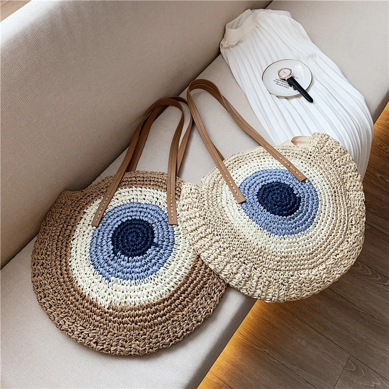 Handmade Woven Summer Beach Round Straw Bags for Women Rattan Shoulder Shopping Purse Female Bohemian Handbag Totes