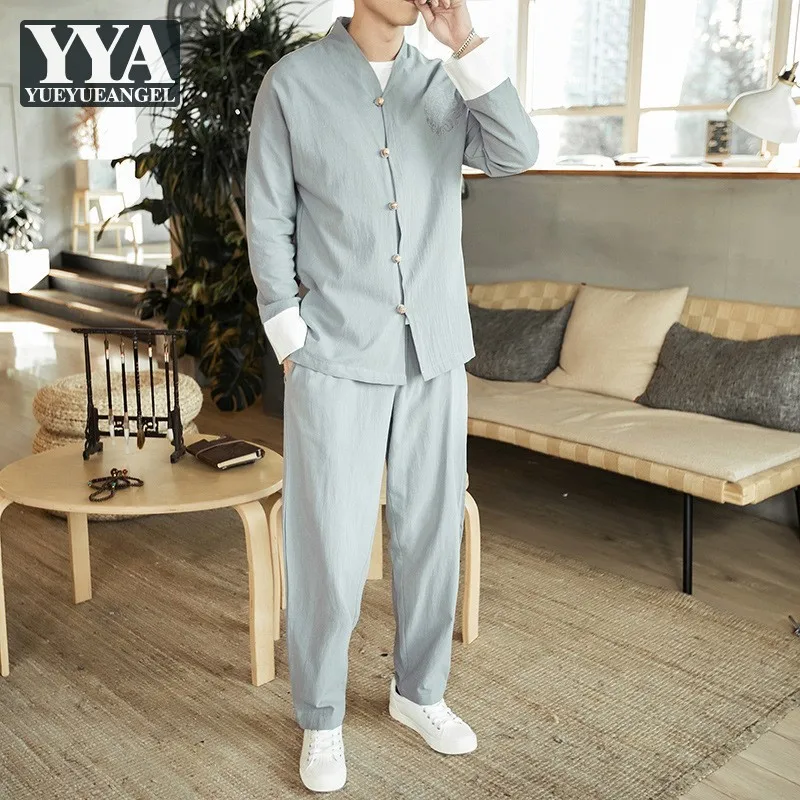 Autumn Chinese Style Mens Linen Tang Suit Casual Two Piece Set Vintage Jacket and Pants Loose Fit Men Tracksuit M-5XL